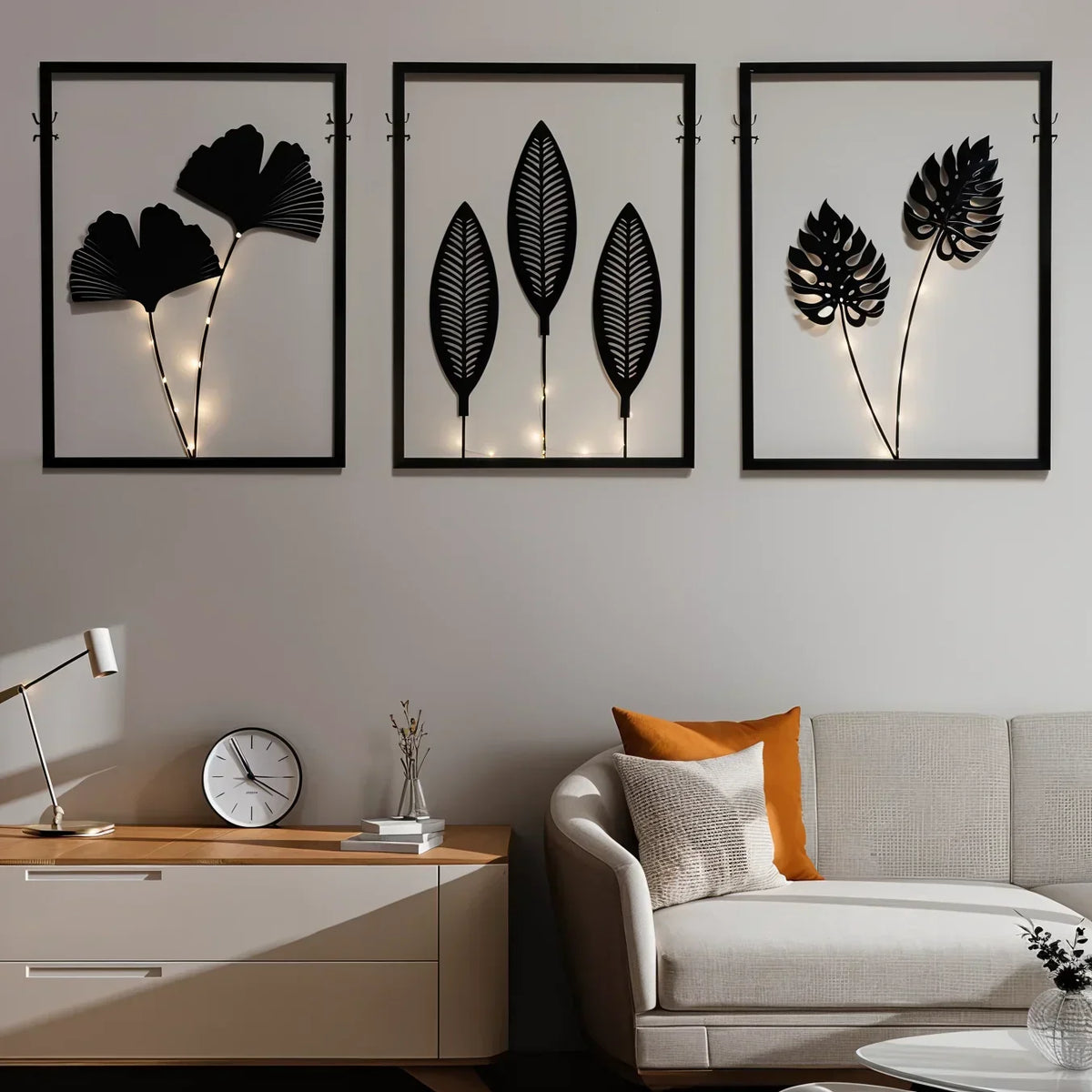 Quadri decorativi da parete a LED con motivo di foglie botaniche e luce calda