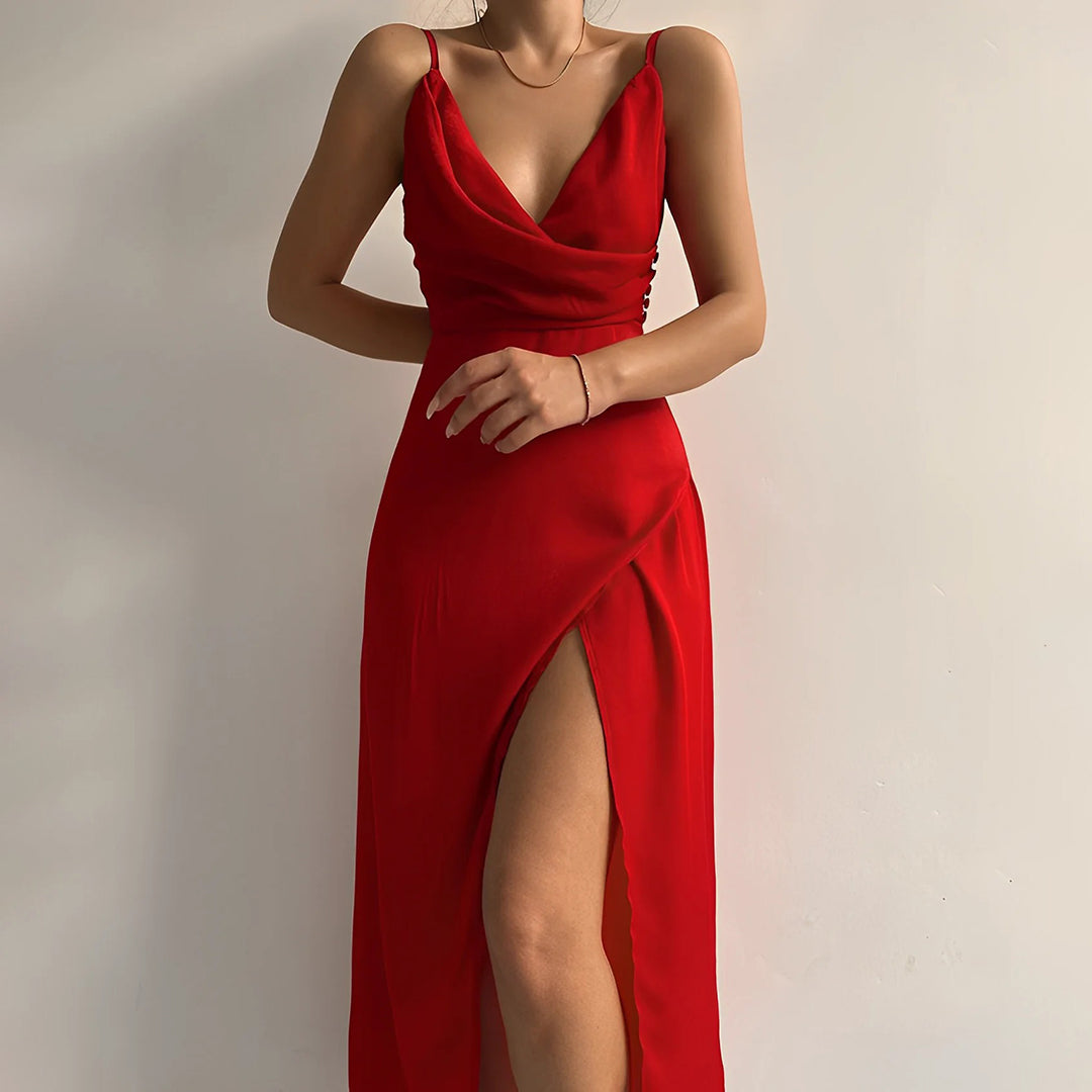 Luxury Satin Dress with V-Neck and Split