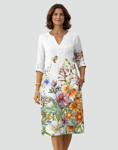 Floral Print Mini Dress with V-Neck and Three-Quarter Sleeves