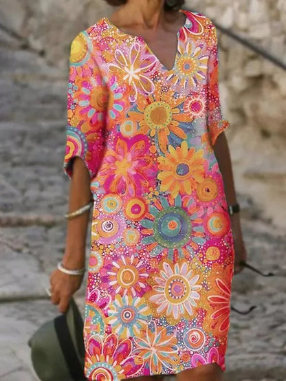 Dress with V-Neck and Floral Print