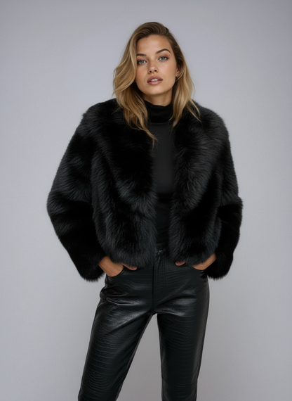 Black Faux Fur Jacket Short Model Warm and Soft for Women
