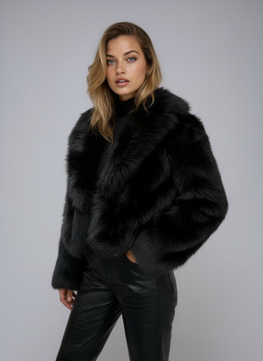Black Faux Fur Jacket Short Model Warm and Soft for Women