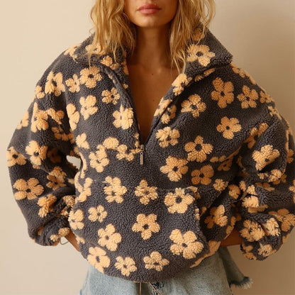 Ladies' Teddy Jumper with Floral Print and Short Zip