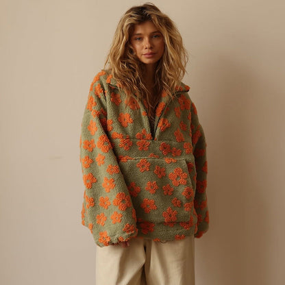 Ladies' Teddy Jumper with Floral Print and Short Zip