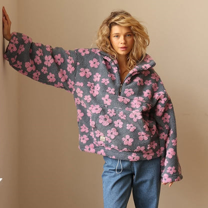 Ladies' Teddy Jumper with Floral Print and Short Zip