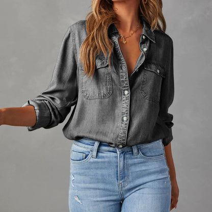 Denim Blouse with Adjustable Breast Pockets and Long Sleeves