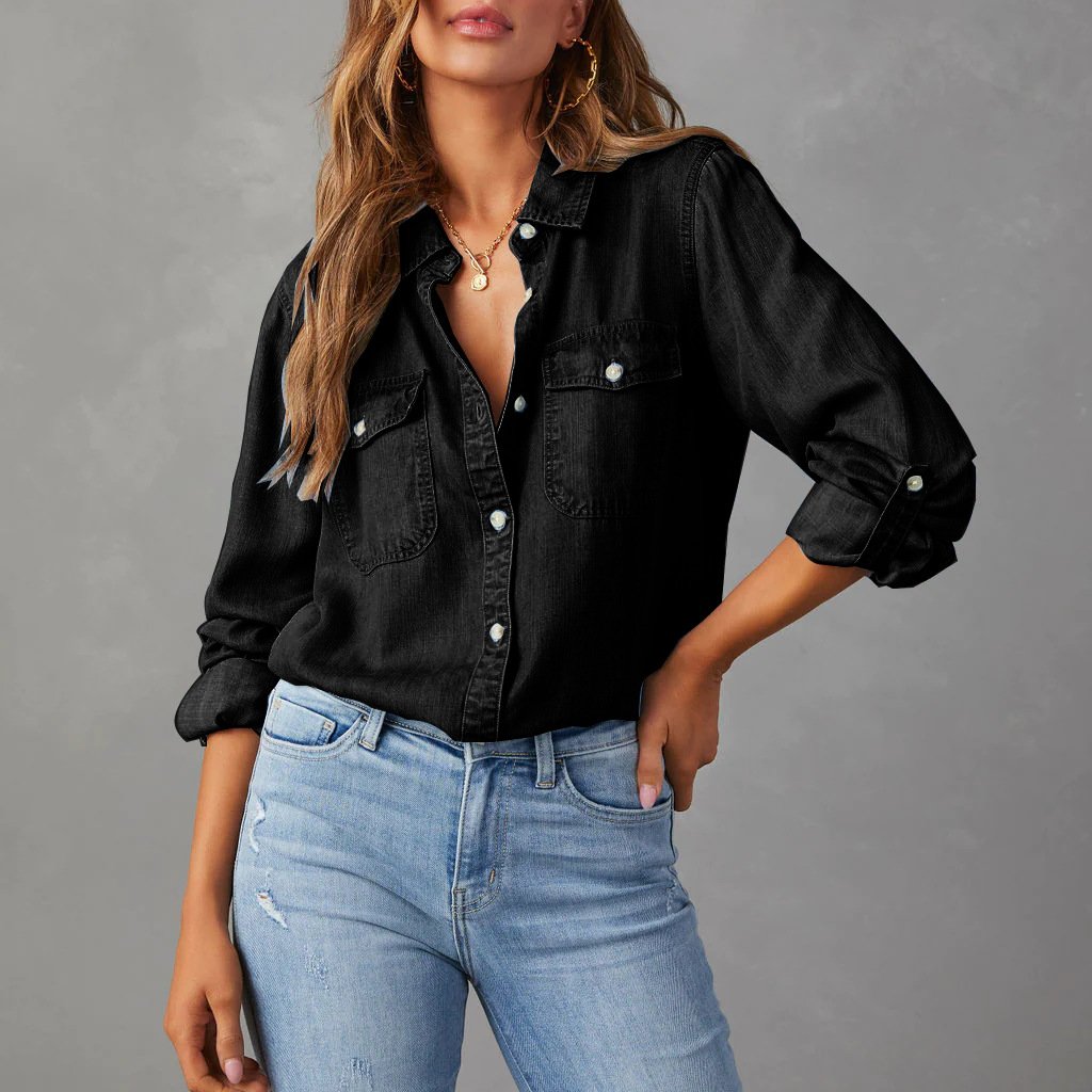 Denim Blouse with Adjustable Breast Pockets and Long Sleeves