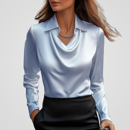 Ladies' Elegant Satin Blouse with Waterfall Neckline and Collar