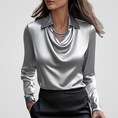 Ladies' Elegant Satin Blouse with Waterfall Neckline and Collar