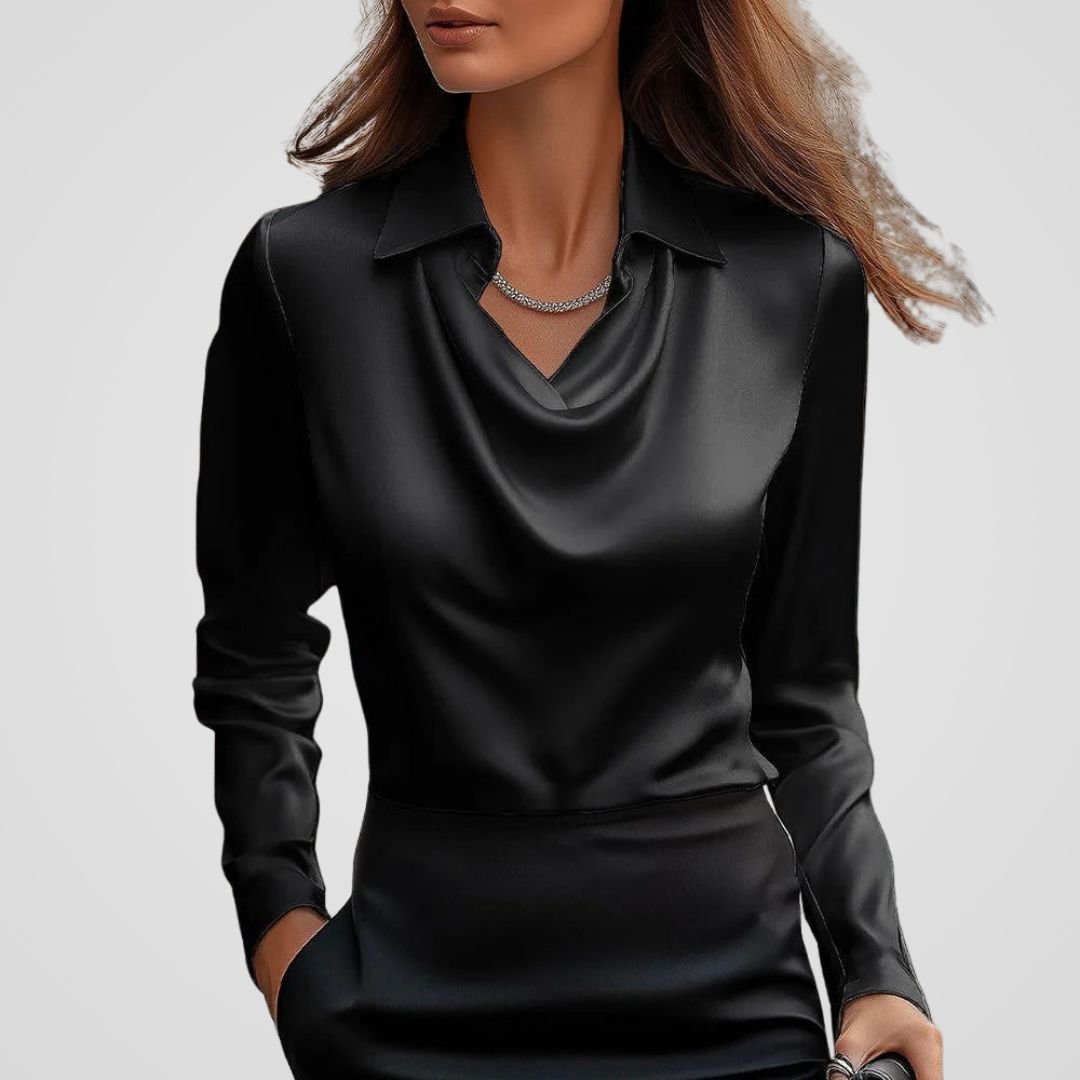 Ladies' Elegant Satin Blouse with Waterfall Neckline and Collar