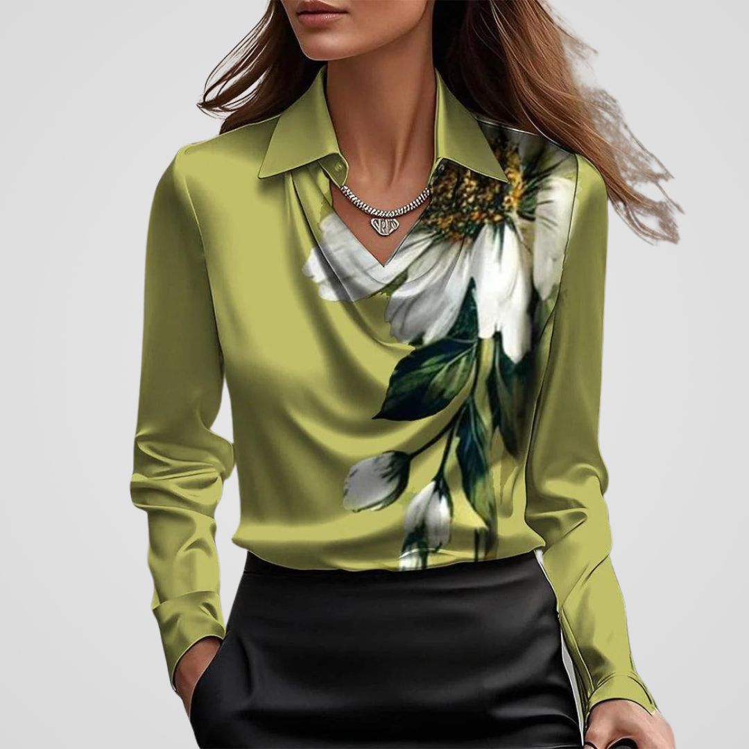 Ladies' Elegant Satin Blouse with Waterfall Neckline and Collar