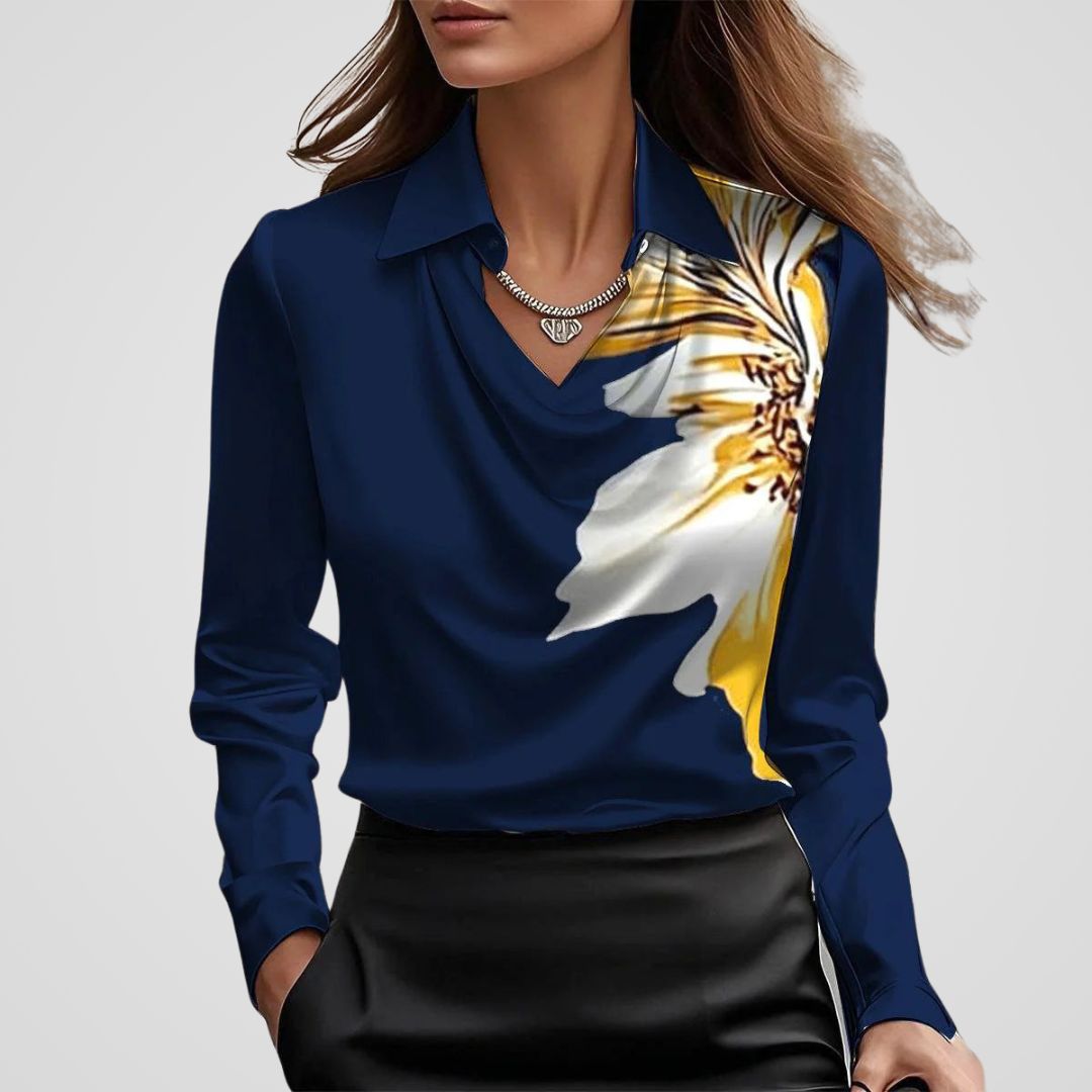 Ladies' Elegant Satin Blouse with Waterfall Neckline and Collar