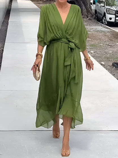 Elegant Ladies Summer Midi Dress with V Neck and Waist Belt