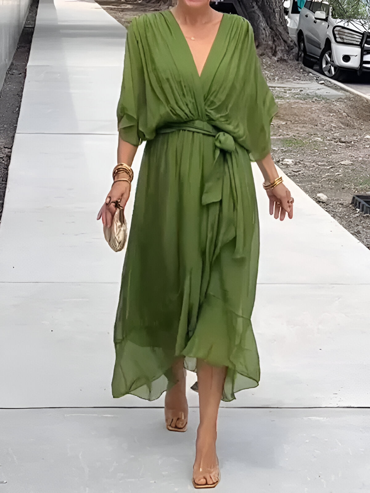 Elegant Ladies Summer Midi Dress with V Neck and Waist Belt