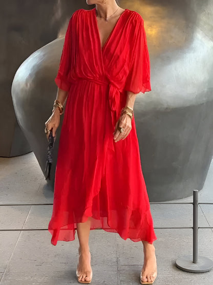 Elegant Ladies Summer Midi Dress with V Neck and Waist Belt