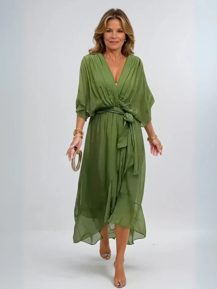 Elegant Ladies Summer Midi Dress with V Neck and Waist Belt
