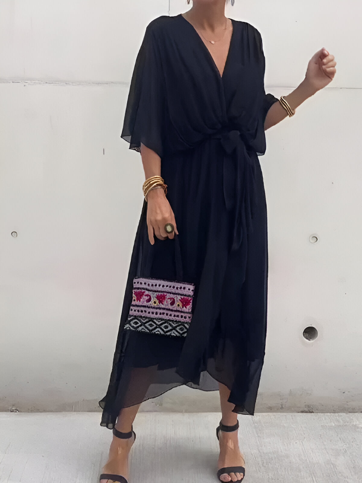 Elegant Ladies Summer Midi Dress with V Neck and Waist Belt