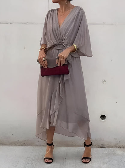 Elegant Ladies Summer Midi Dress with V Neck and Waist Belt