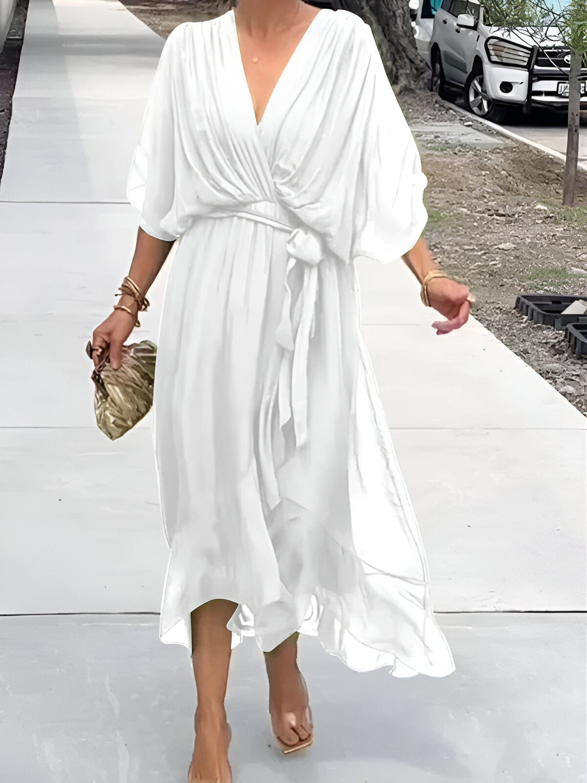 Elegant Ladies Summer Midi Dress with V Neck and Waist Belt