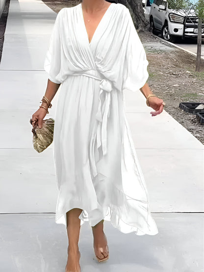 Elegant Ladies Summer Midi Dress with V Neck and Waist Belt
