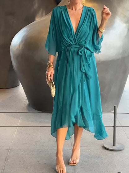 Elegant Ladies Summer Midi Dress with V Neck and Waist Belt