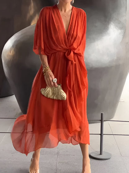 Elegant Ladies Summer Midi Dress with V Neck and Waist Belt