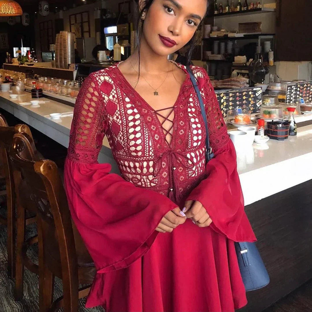 Ladies' Romantic Mini Dress with Embroidery and Bell Sleeves