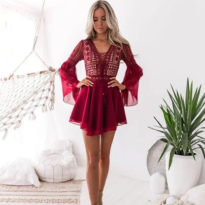 Ladies' Romantic Mini Dress with Embroidery and Bell Sleeves