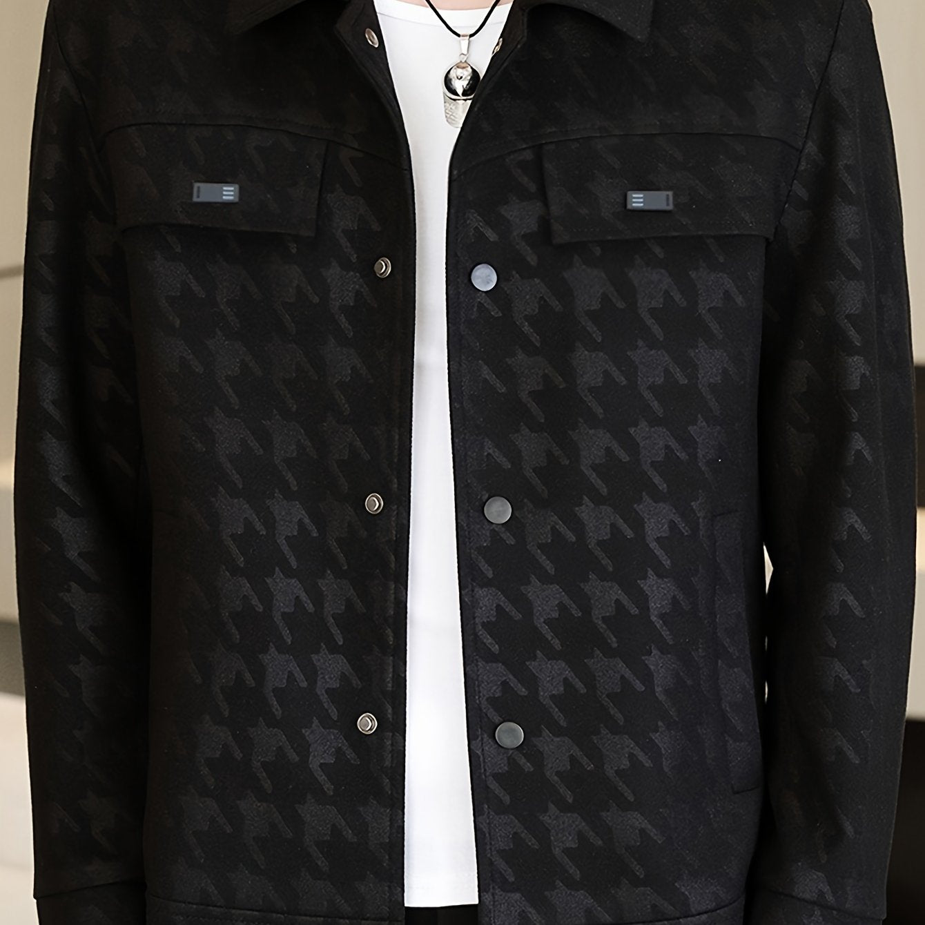 Men's Coat with Houndstooth Pattern and Fleece Lining