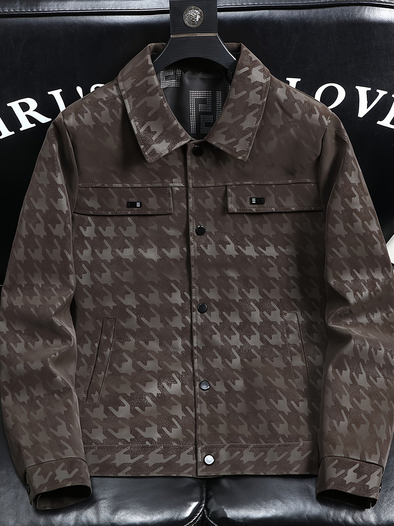 Men's Coat with Houndstooth Pattern and Fleece Lining