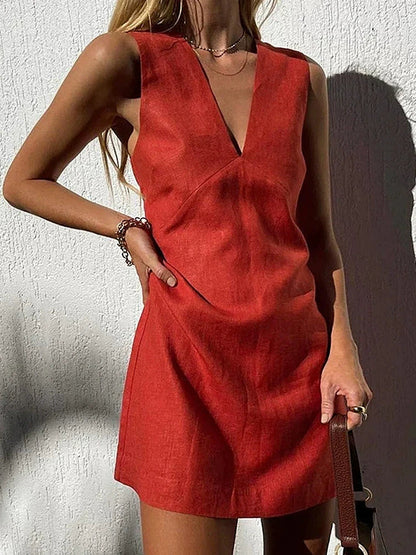 Chic Ladies Sleeveless Mini Dress with Deep V-Neck