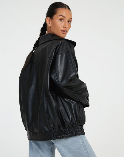 Ladies' Bold Oversized Leather-Look Jacket with Zip and Pockets