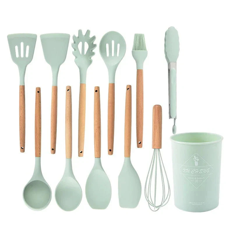 Non-Toxic Silicone Cooking Utensil Set - BPA-Free - Wooden Handles