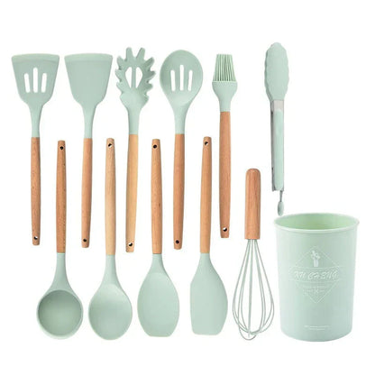 Non-Toxic Silicone Cooking Utensil Set - BPA-Free - Wooden Handles