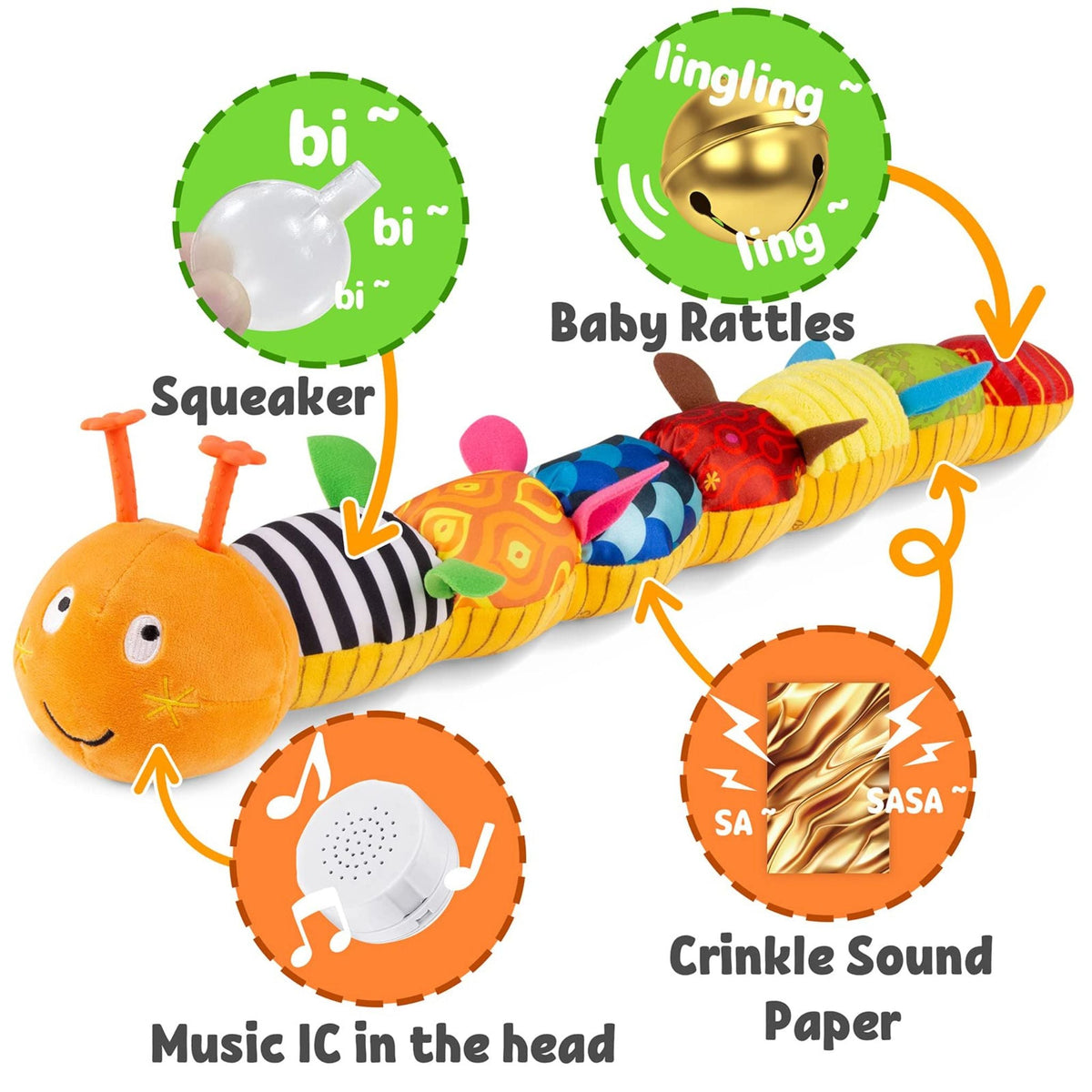 Juguete de peluche musical con forma de oruga - interactivo y suave