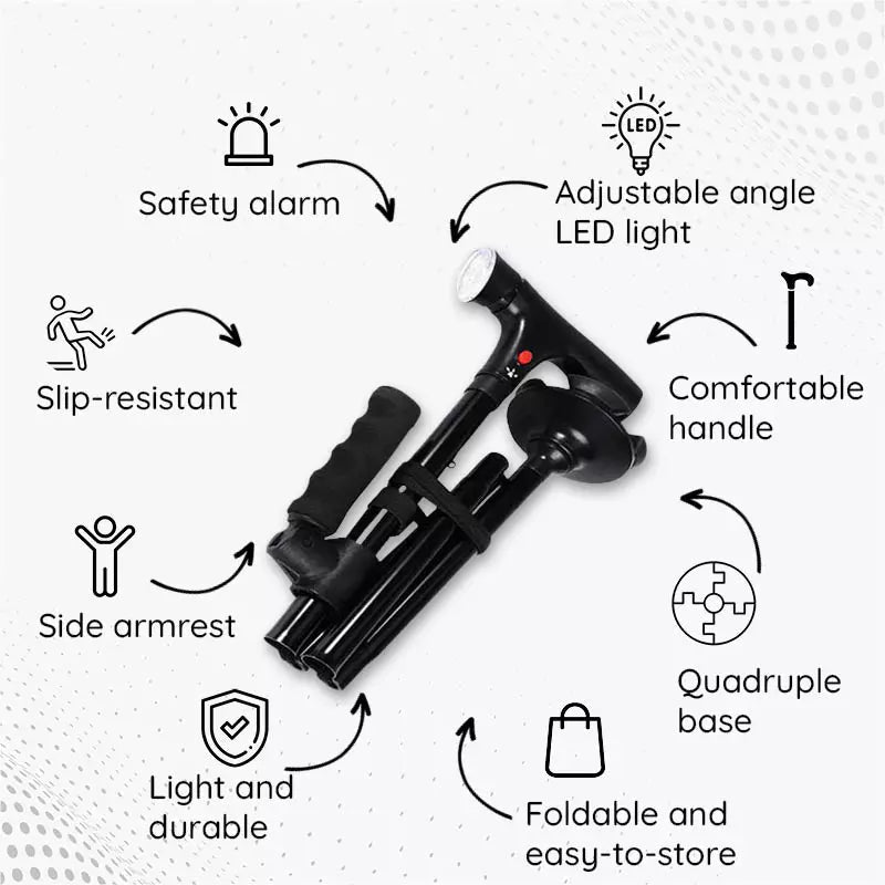Foldable Walking Stick with LED Light and Non-Slip Foot for Stability