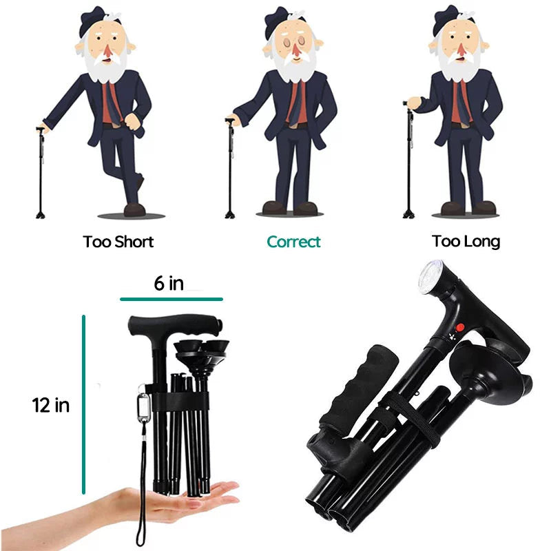 Foldable Walking Stick with LED Light and Non-Slip Foot for Stability