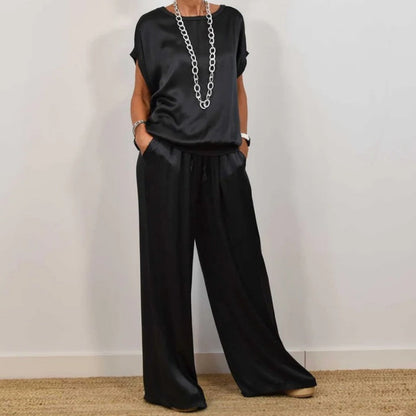 Ladies Two-Piece Satin Set with Top and Wide Trousers