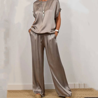 Ladies Two-Piece Satin Set with Top and Wide Trousers
