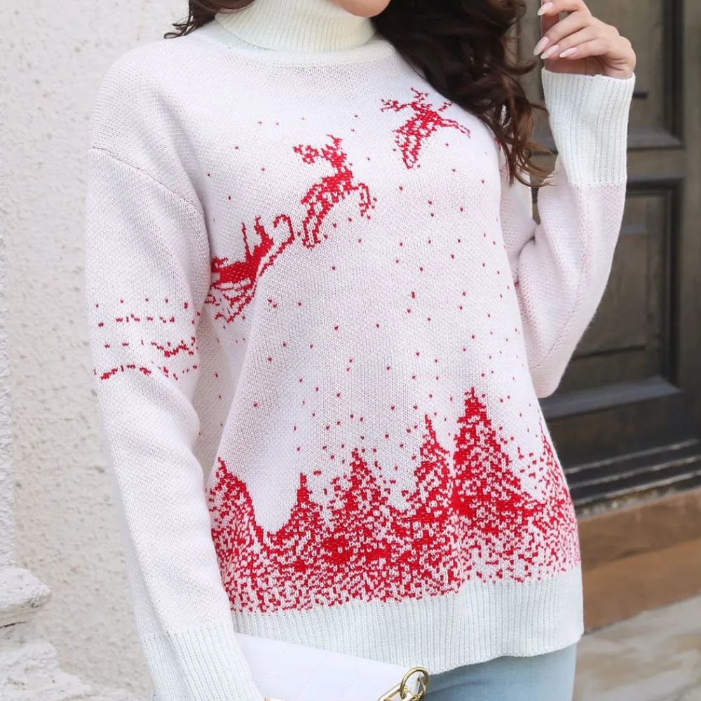 White Christmas Jumper for Women with Reindeer Print, Knitted and Warm