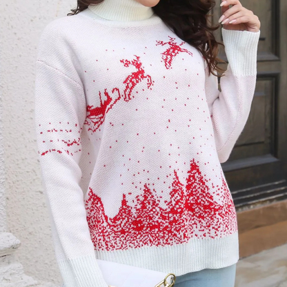 White Christmas Jumper for Women with Reindeer Print, Knitted and Warm