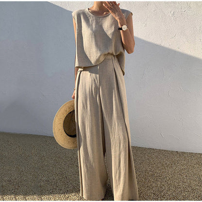 Linen ladies' set with wide-leg trousers and round neck top - Sarah