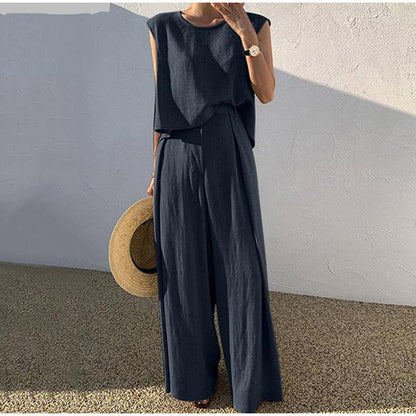 Linen ladies' set with wide-leg trousers and round neck top - Sarah
