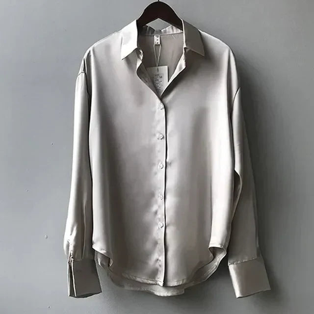 Ladies' Refined Satin Oversized Blouse with Collar