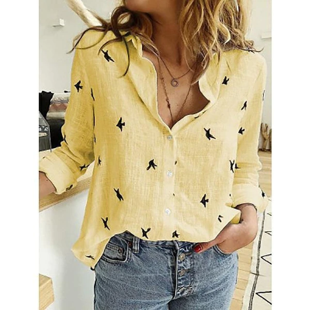 Casual Women's Linen Blouse with Long Sleeves and Button Closure
