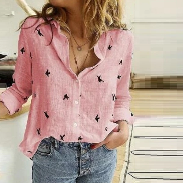 Casual Women's Linen Blouse with Long Sleeves and Button Closure