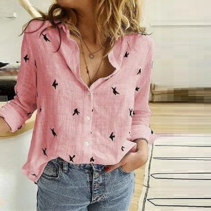Casual Women's Linen Blouse with Long Sleeves and Button Closure