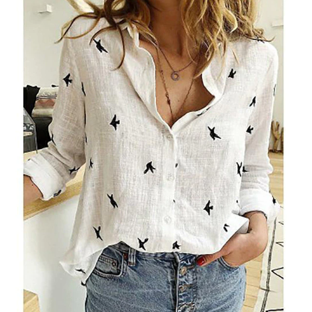 Casual Women's Linen Blouse with Long Sleeves and Button Closure