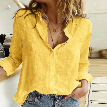 Casual Women's Linen Blouse with Long Sleeves and Button Closure