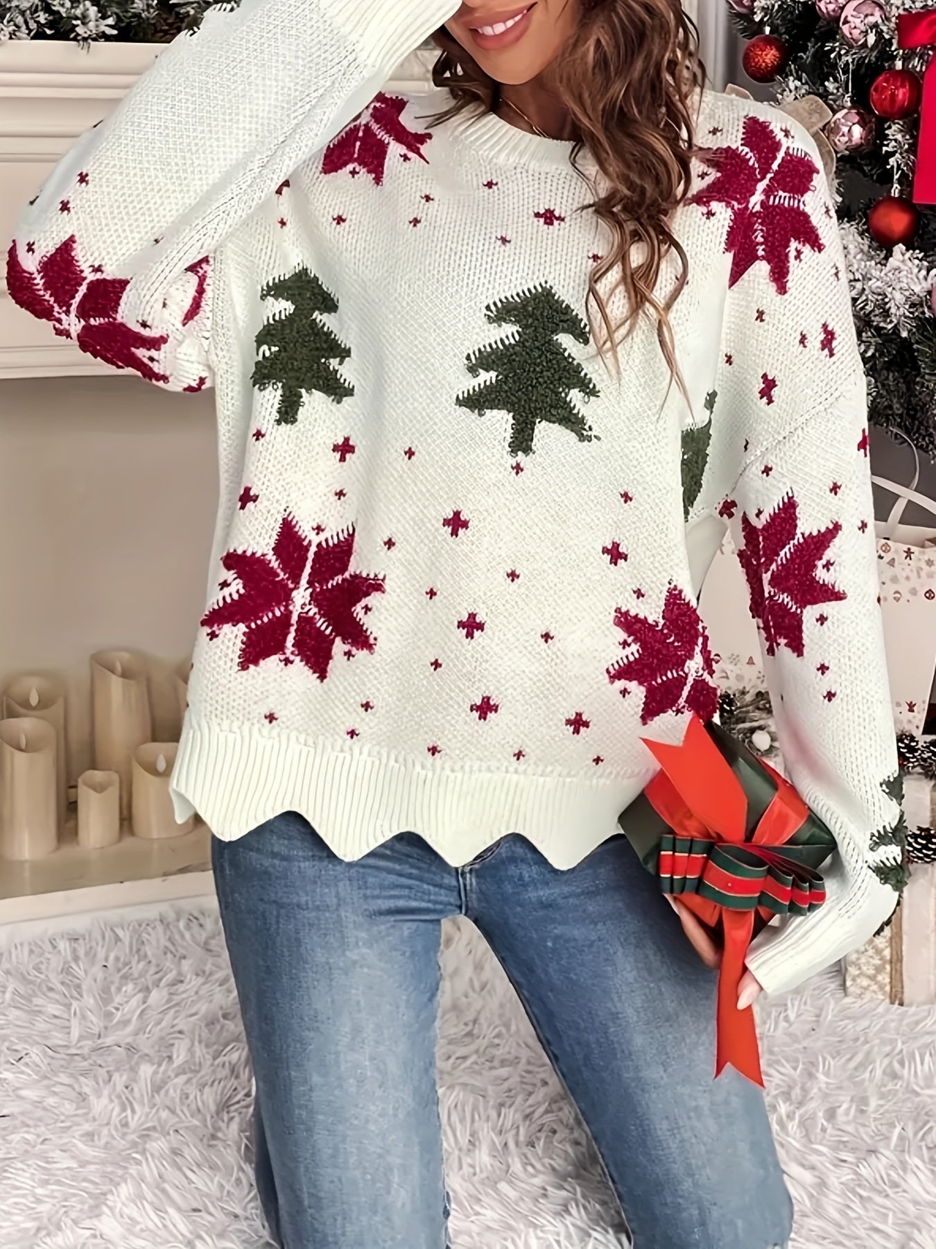 Nina | Casual Christmas Tree Pattern Jumper with Round Neck and Long Sleeves
